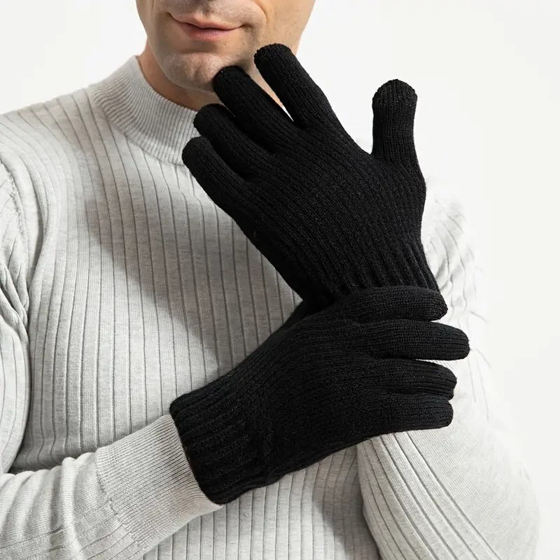 1pair Men Black Winter Double Layer Plus Velvet Thickened Knitted Gloves, Outdoor Touch Screen Warm Full Finger Gloves