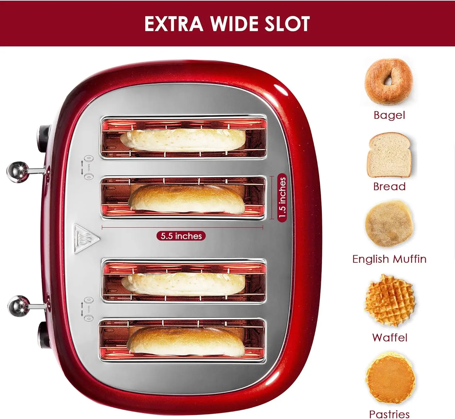 4 Slice Toaster Retro Stainless Steel Toasters with Bagel Defrost Cancel Function 6 Browning Settings Extre Wide Slot Red 3