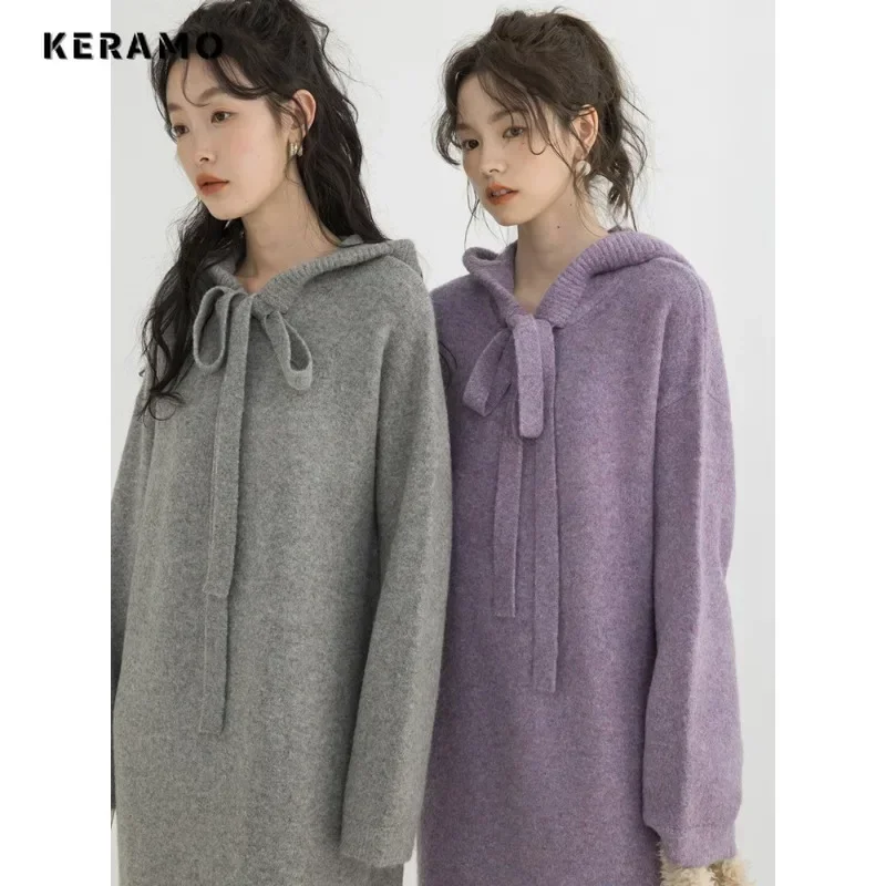 

2023 Winter Vintage Office Lady Solid Color Long Sleeve Midi Dresses Women Elegant Casual Drawstring Knitting A-Line Dress