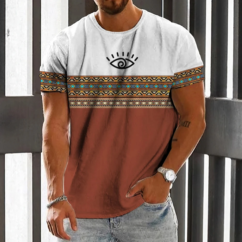

Ethnic Style Men Clothing O-Neck Short Sleeve Street Clothing Retro Men's Summer T-shirt 3D Geometric Print Top Plus Size Tshirt