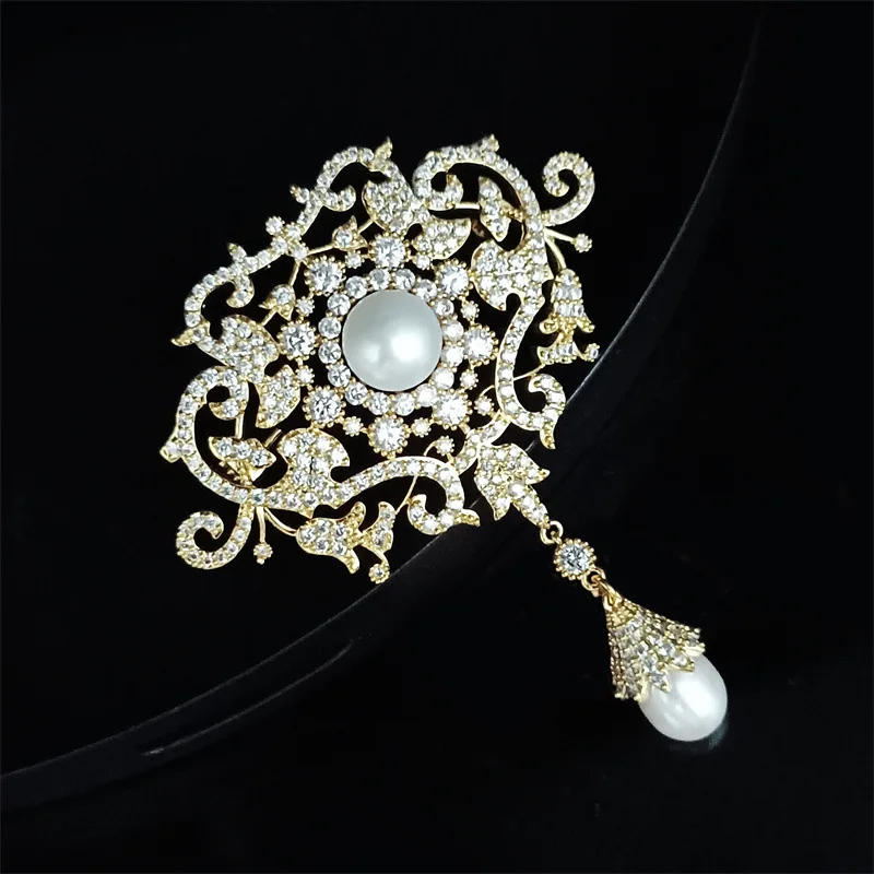 54*65mm White Pearl Cz Pave Flower Brooch
