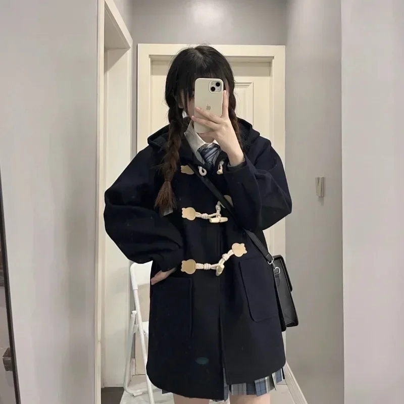 Deeptown Japanese Y2k Tweed Pink Jacket Women Kawaii Winter Wool Blends Korean Fashion Streetwear Cute Preppy Style Hooded Coat