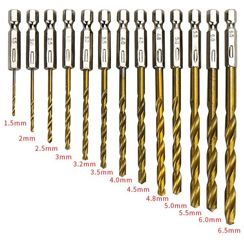 

13Pcs Titanium Coated HSS High Speed Steel Drill Bits Set Quality Twist Wood Power Tools Hexagonal Handle Metal Plastic Cutter