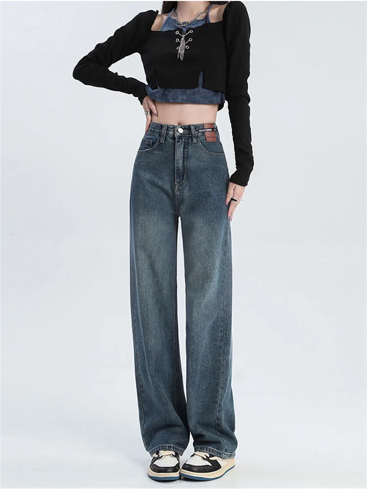 

Women's Jeans Street High Waist Pants Blue Cotton Korean Fashion Tide Loose Jeans Metal Buckle Wide Leg Y2k Female Jeans 2022