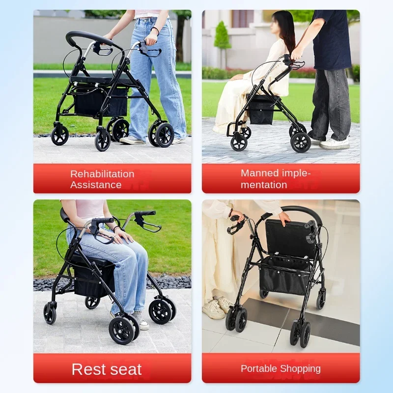 Elderly Walking Assistant with Seat Crutch Hand-pushed Walking Aid Anti-fall Walking Device for Seniors 5