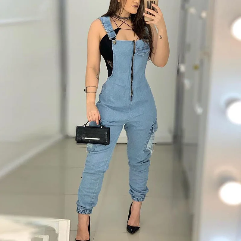 Office Lady Zipper Pocket Casual Denim Jumpsuits Vintage Blue Strap Frayed Rompers 2021 Solid Colors Denim Overalls Streetwear