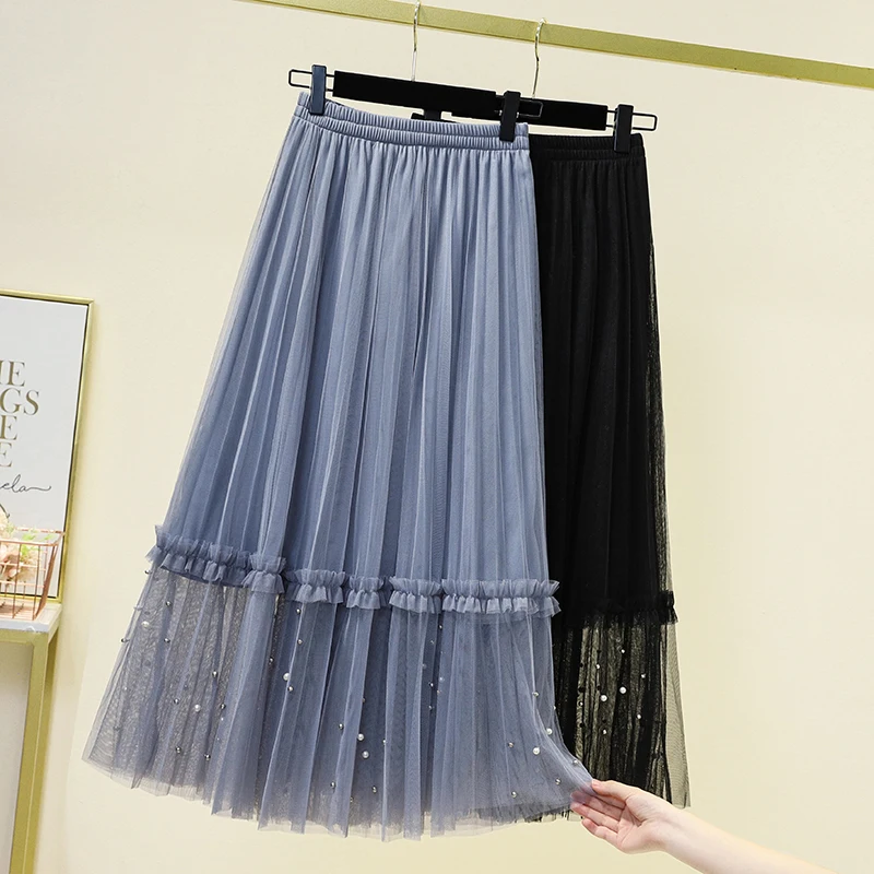 

Blue Black Nail Bead Long Elegant High-Waisted Women'S Spring Autumn Winter Skirts Korean Style Fashion 2022 Harajuku Clothes