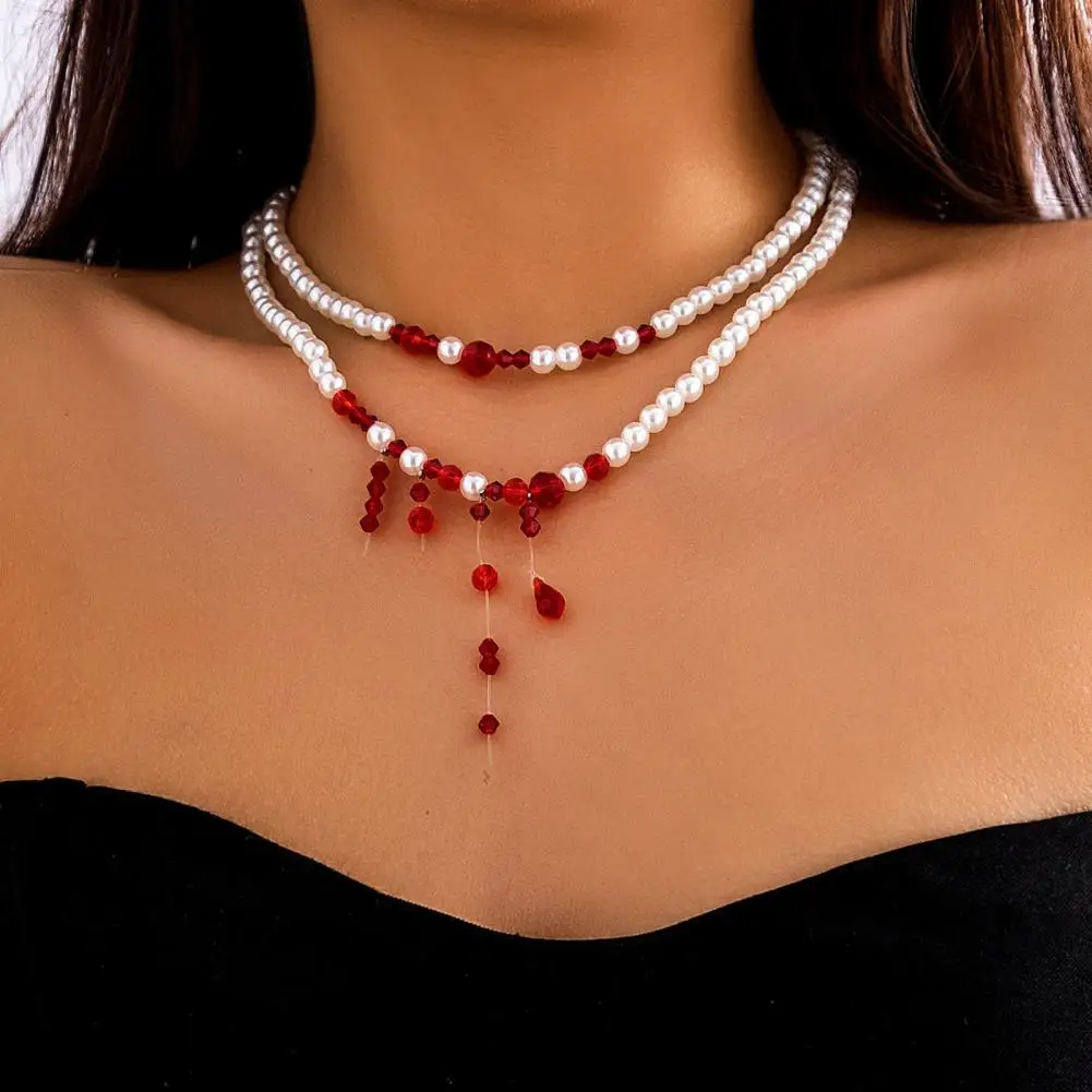 Grandxii Multi-Layer Pearl Jewelry Set | Necklace, Bracelet & Earrings | Dark Red Imitation Pearl - View #3