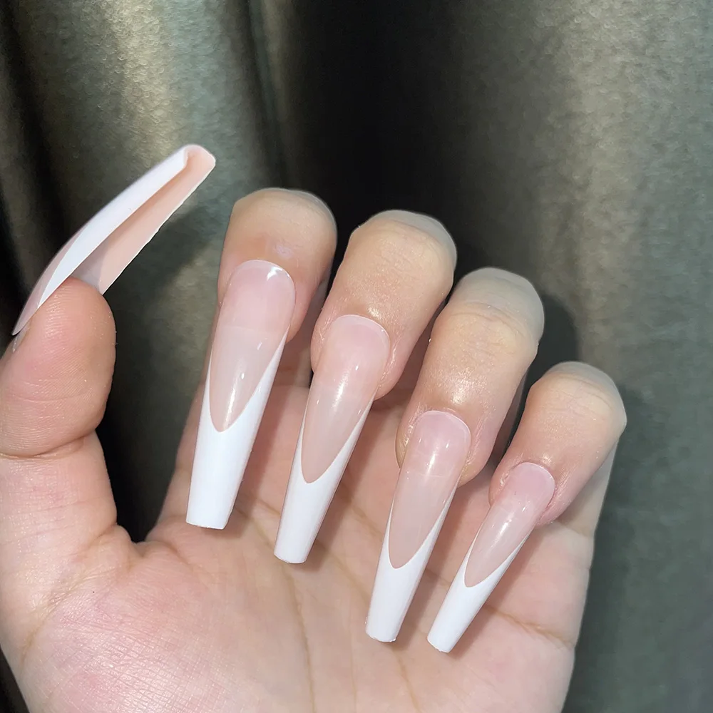 

24pcs XXL Extra Long Coffin False Nails White French Designs Ballerina Fake Nails Full Nail Tips Candy Colors Press on Nails