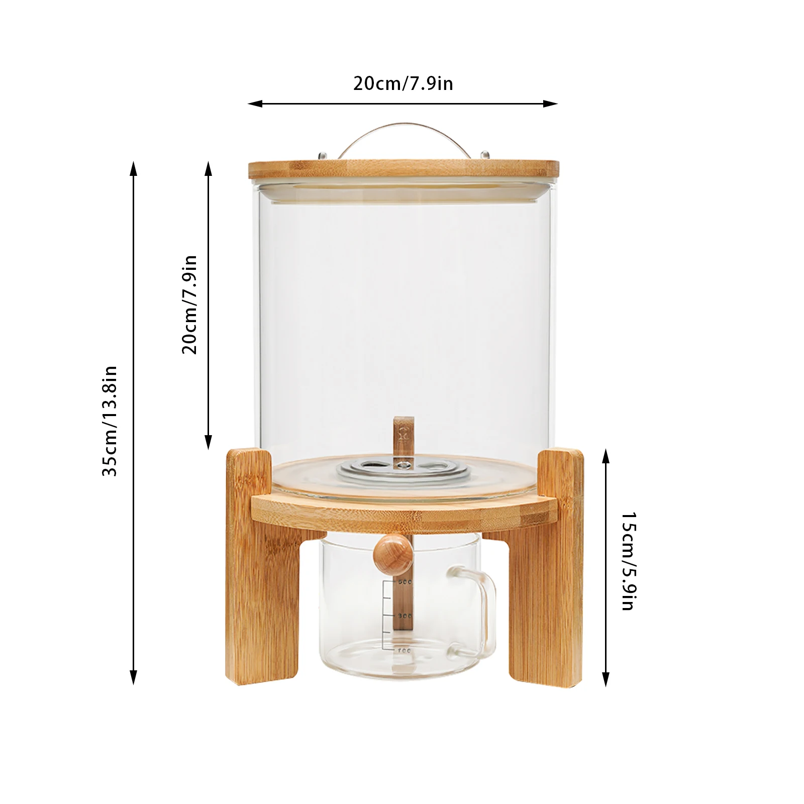 5L Glass Rice Dispenser with Airtight Lid Measuring Cup Wooden Stand Flour Cereal Creative Container for Kitchen Organization 6