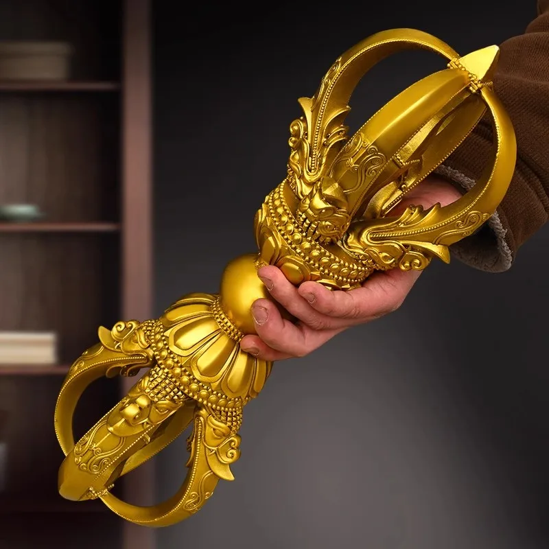 Pure Brass Vajra Dorje Statue with Base, Authentic Tibetan Five-Spoked Ritual Scepter, Buddhist Dharma Implements Home Decor