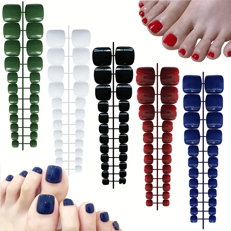 탈부착 가능한 프렌치 페이크 발톱 - 짧은 스퀘어 솔리드 누드 블루 블랙 발톱 ..