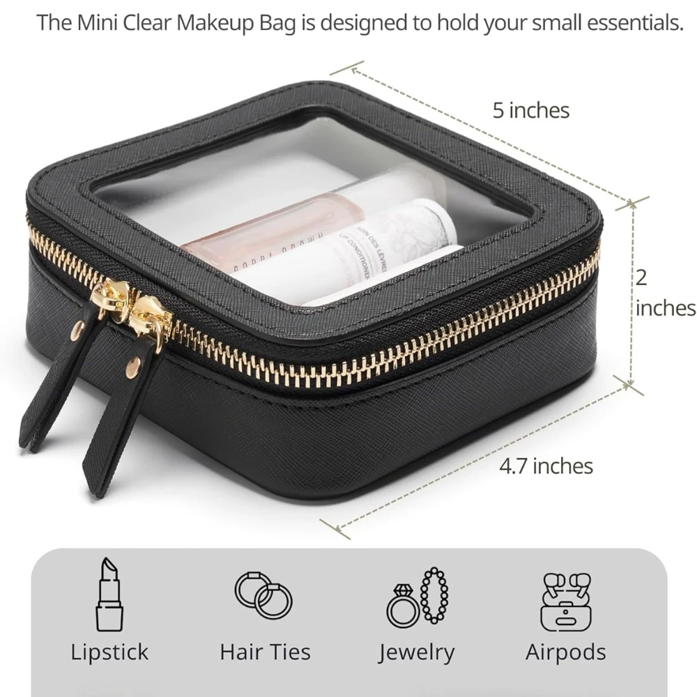 Mini Clear Makeup Bag Pu Saffiano Vegan Faux Leather Cute Small Visible Window Storage Lipsticks Cosmetics Case for Purse Pouch