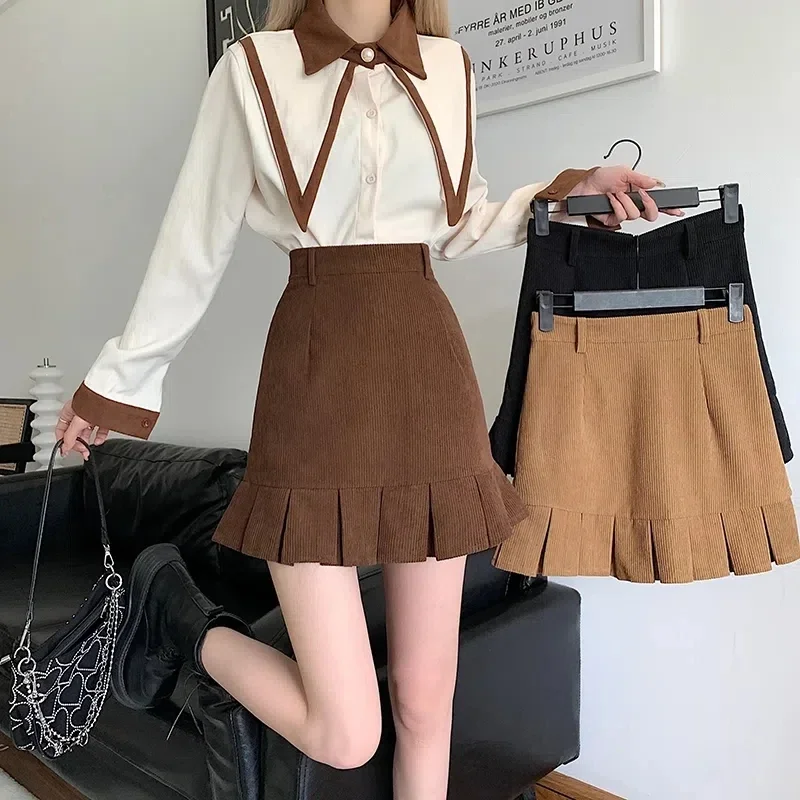 Corduroy Ruffles Mini Skirts Women Spring Fall Vintage Solid High Waist Black Skirt Female Fashion Kawaii Zipper