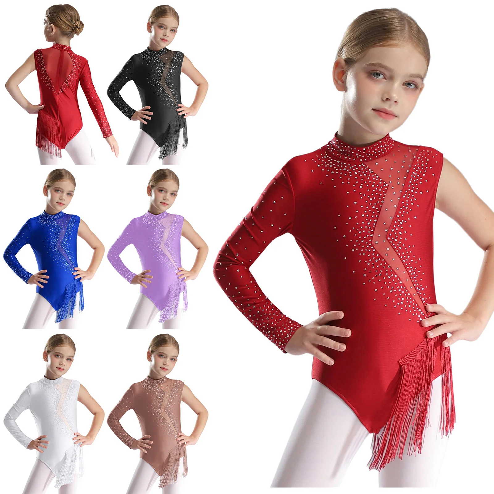 Girls Dance Costumes Glittery Rhinestones Figure Skating Leotard Rhythmic Gymnastics Ballroom Dancewear Ballet Jazz Latin Cha-cha