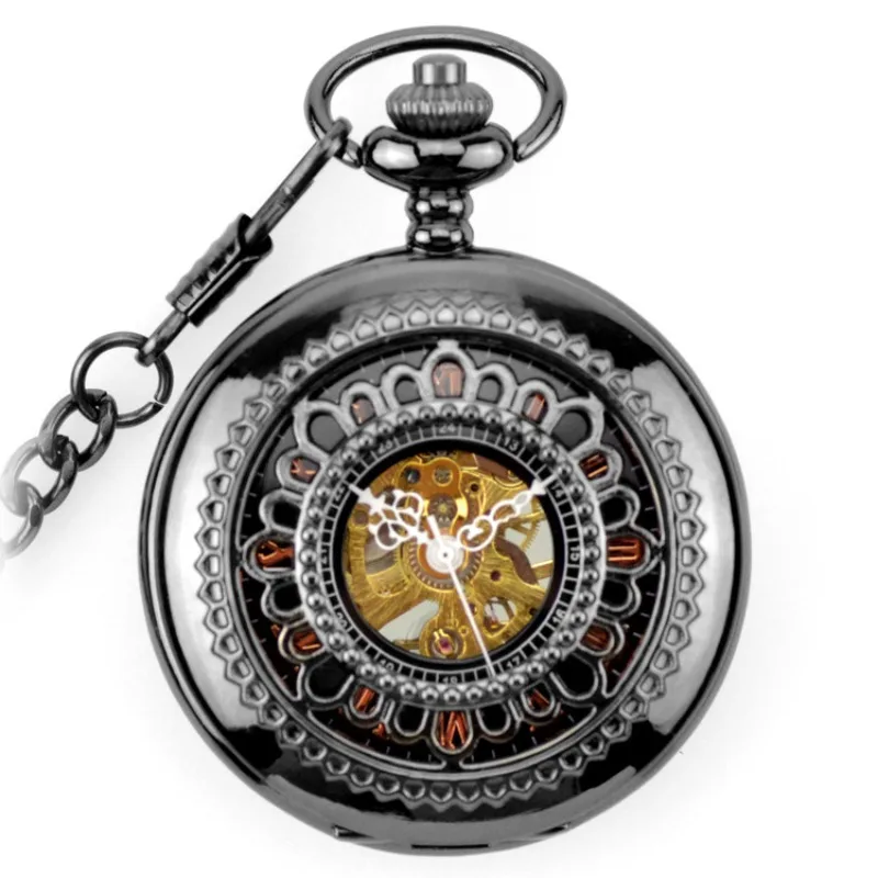 

Sun Flower Hollow Case Antique Style Steampunk Men's Hand Wind Mechanical Movement Pocket Watch with Fob Chain Nice Xmas Gift