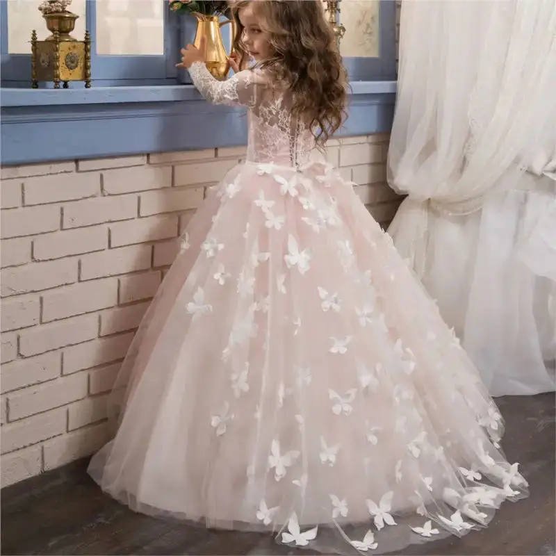 Fashion Ball Gown Baby Flower Girl Dresses Appliques Tulle Children Princess Wedding Birthday Party Long Sleeve Gowns