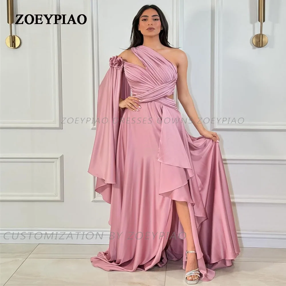 

Pink One Shoulder Dress Deep Long Formal Evening Party Gowns A Line Dubai Evening Dresses with Flowers Side Slit Vestidos