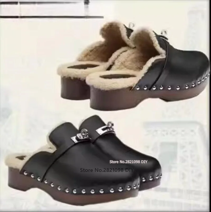 

Shearling Inside Plain Toe Sheepskin Plain Leather Mules Slipper Shoes Wood Sole and Metal Studs Women High Heel Shoes