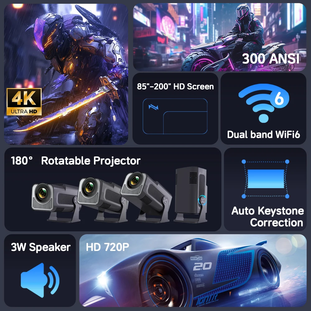 DOAN 4K Android 11 Projector Native 720P 300ANSI HY320 Mini Dual Wifi6 BT5.2 720P portable Projetor