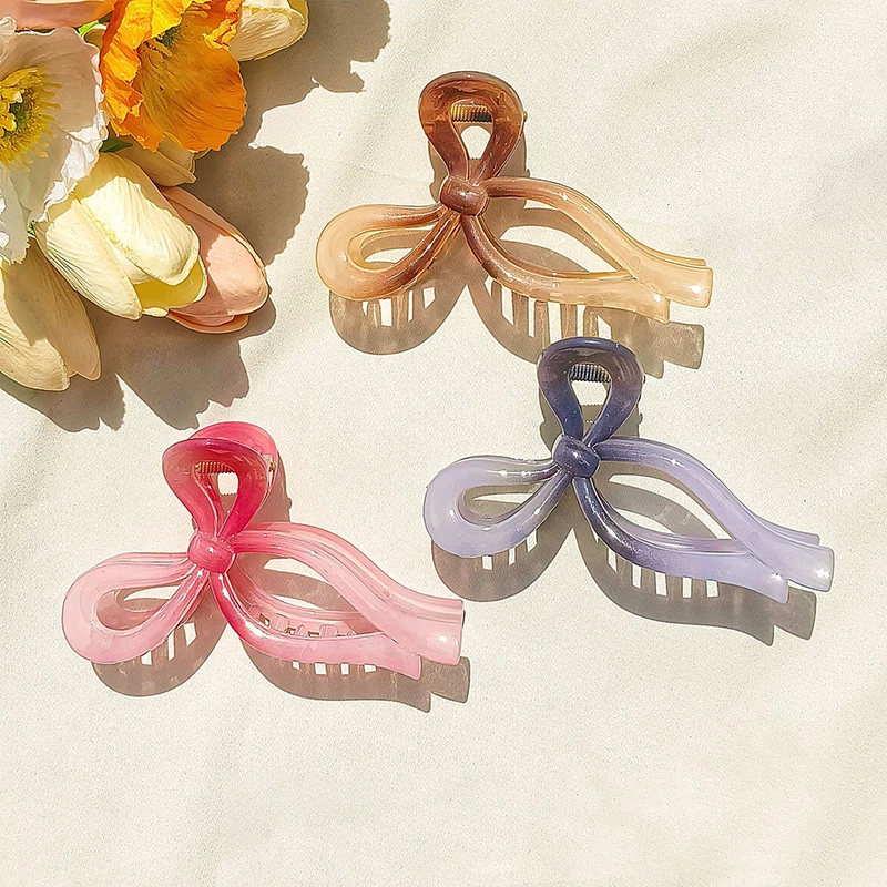 

13cm Fashion Bow Hair Claw Clip Solid Color Hollow Streamer Bow Plastic Hair Claw Clip Hairpin Accessories For Women Girls
