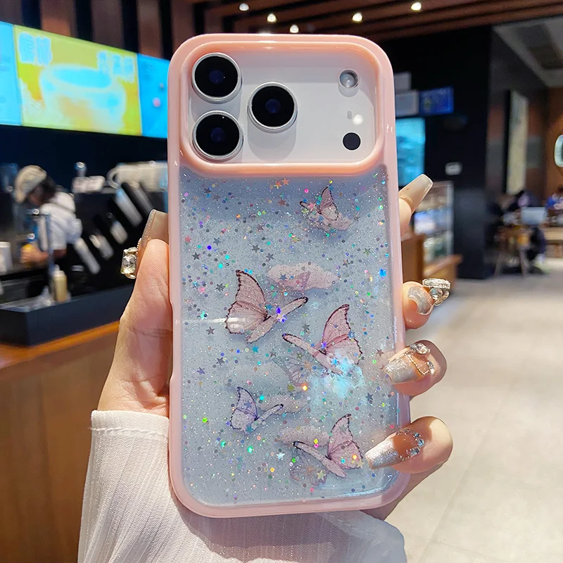 Glitter Butterfly Transparent Candy Color Epoxy Silicone Phone Case