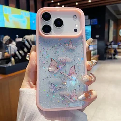 Glitter Butterfly Transparent Candy Color Epoxy Silicone Phone Case - iPhone 14 Pro Max (Pink)