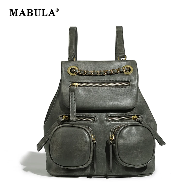 

MABULA Multi Pockets Vintage Woman's Backpack PU Leather Fashion Female Daypack Luxury Design y2k School Bag Travel tote Bag