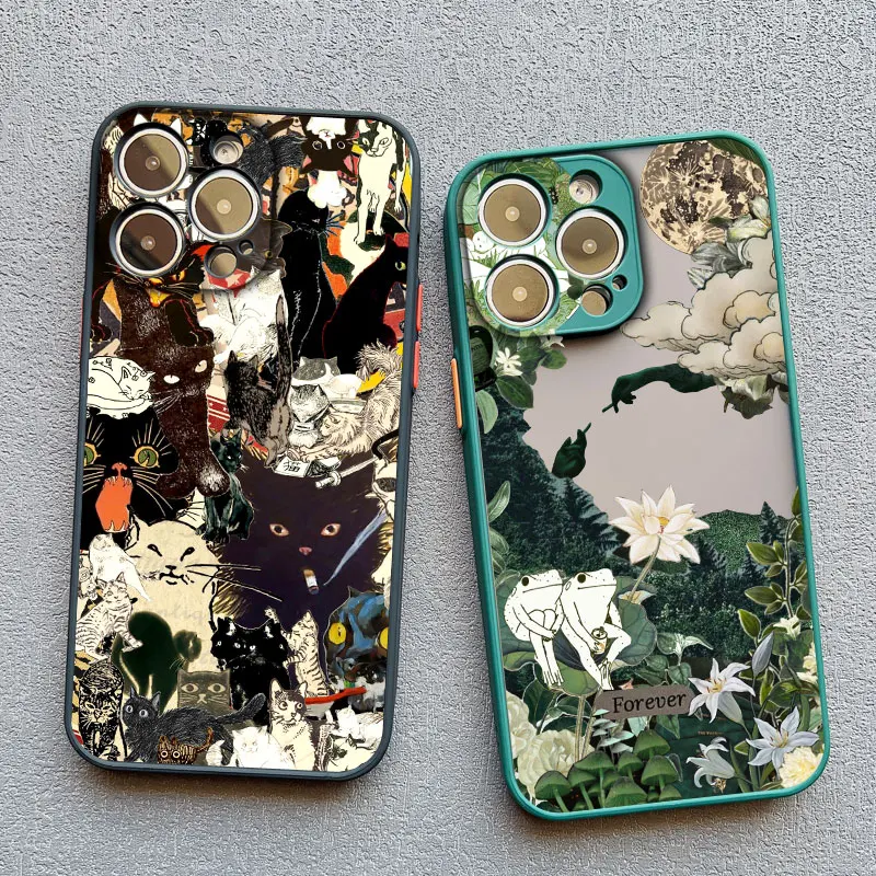 Vintage Black Cat and White Kitten Illustration Phone Case - Cute Cartoon Design
