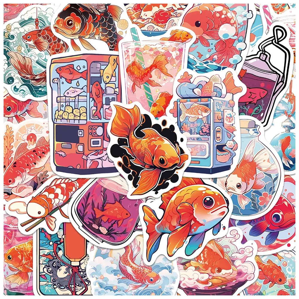 

10/30/50pcs Vintage Goldfish Decoration Stickers Decals DIY Graffiti Phone Laptop Stationery Waterproof Animal Cartoon Sticker
