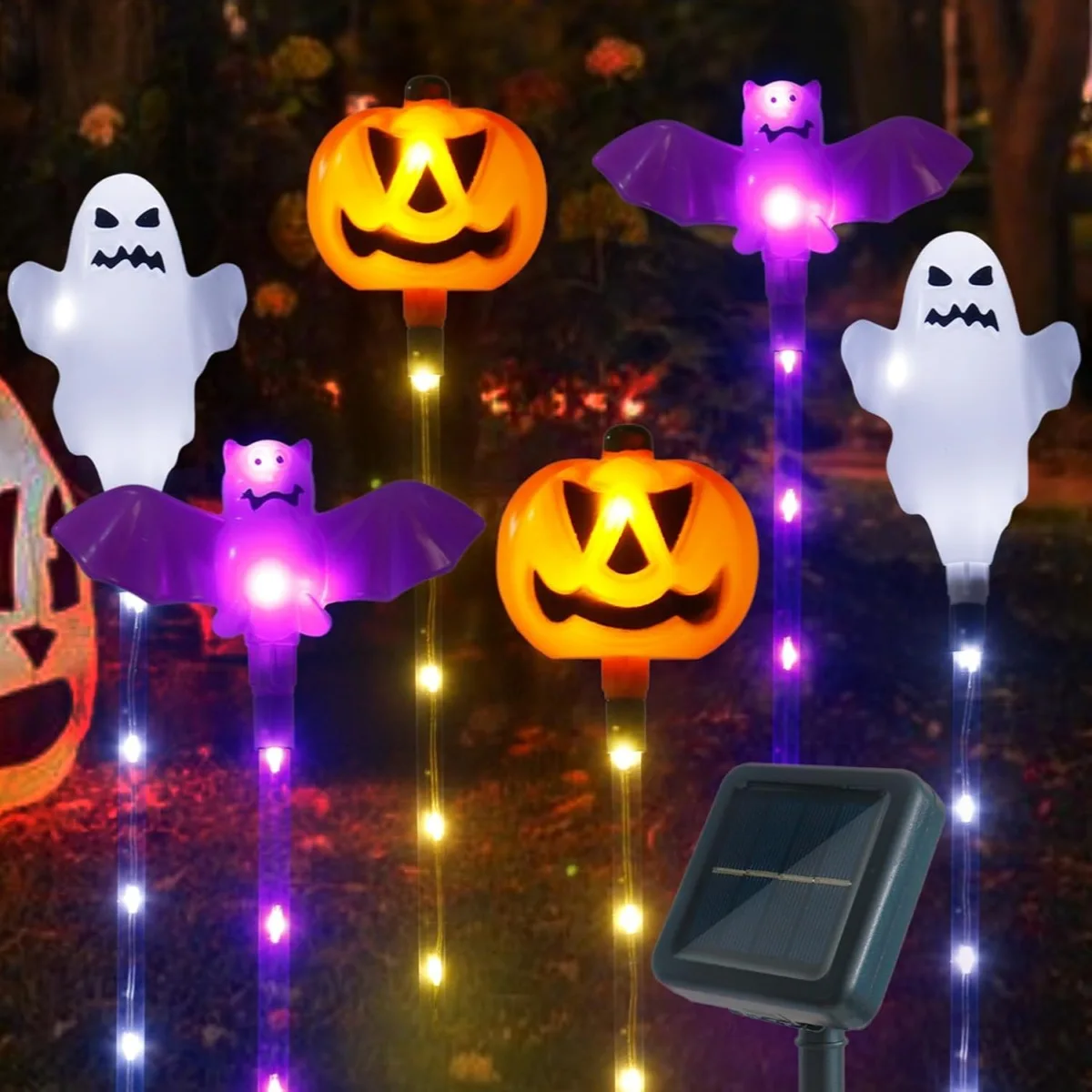 6 Pcs Solar Powered 8 LED Pumpkin Bat Ghost Garden Stake Light With 8 Lighting Modes Waterproof Halloween Outdoor Landscape Lamp