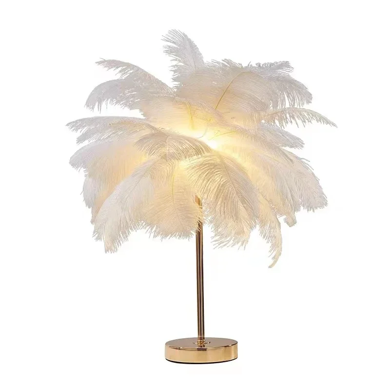 Modern nordic feather tree lamp ostrich feather table pink white bedside lamps romantic table lamp wedding