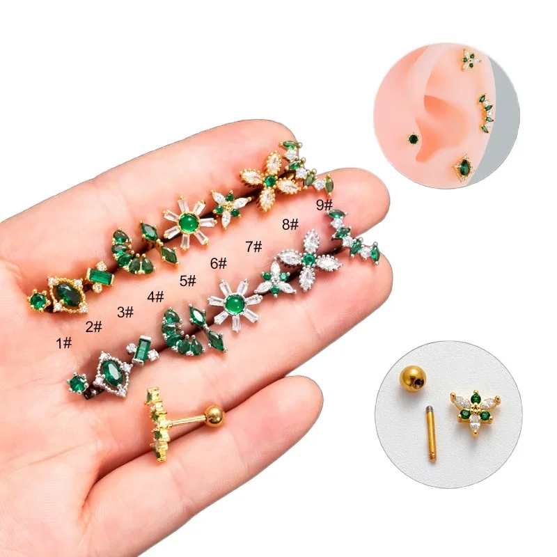 

1Pair 16G Stainless Steel Stud Earrings for Women 2023 Fashion Jewelry Green Zircon Cartilage Piercing Ear Studs for Teens