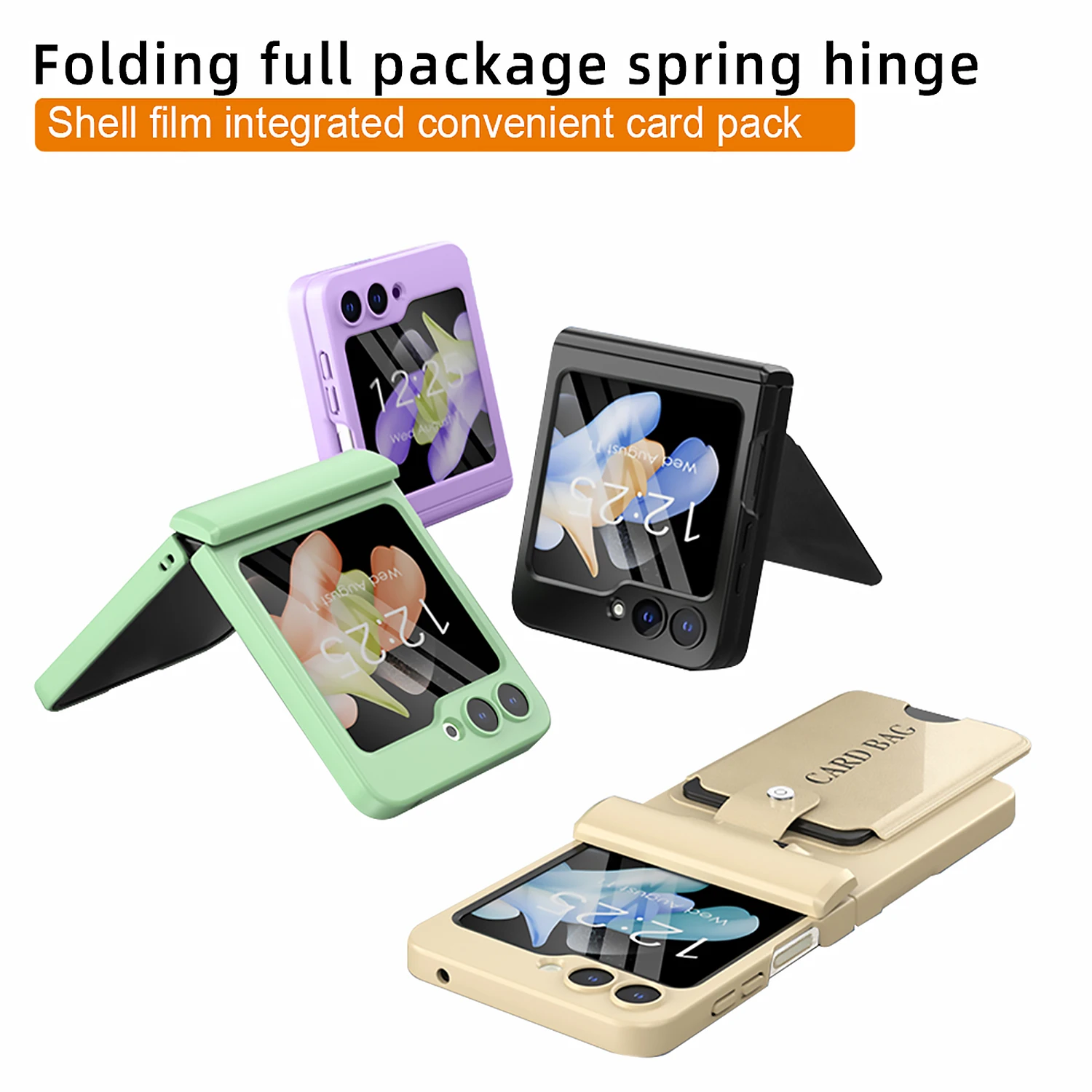 For Samsung Galaxy Z Flip 5 Case Colorful Skin Friendly Matte Folding Hingle Card Holder Mirror Film All Inclusive Hard Cover