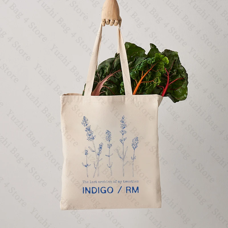Indigo RM Pattern Tote Bag Fashion Music Album Canvas Shopping Bags Kpop Fan Gift Shoulder Bags Kim Namjoon Bags Kpop Flower Bag