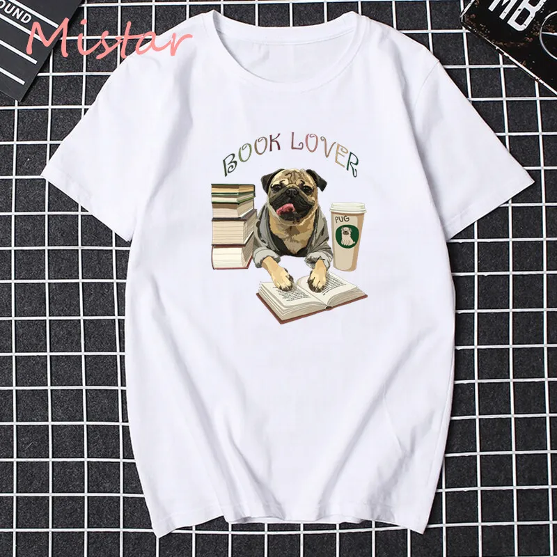

Женская футболка с принтом «Книга влюбленных», модная Милая футболка с круглым вырезом и коротким рукавом для Мопсов и мультяшных персонажей, крутые топы унисекс для девочек, одежда