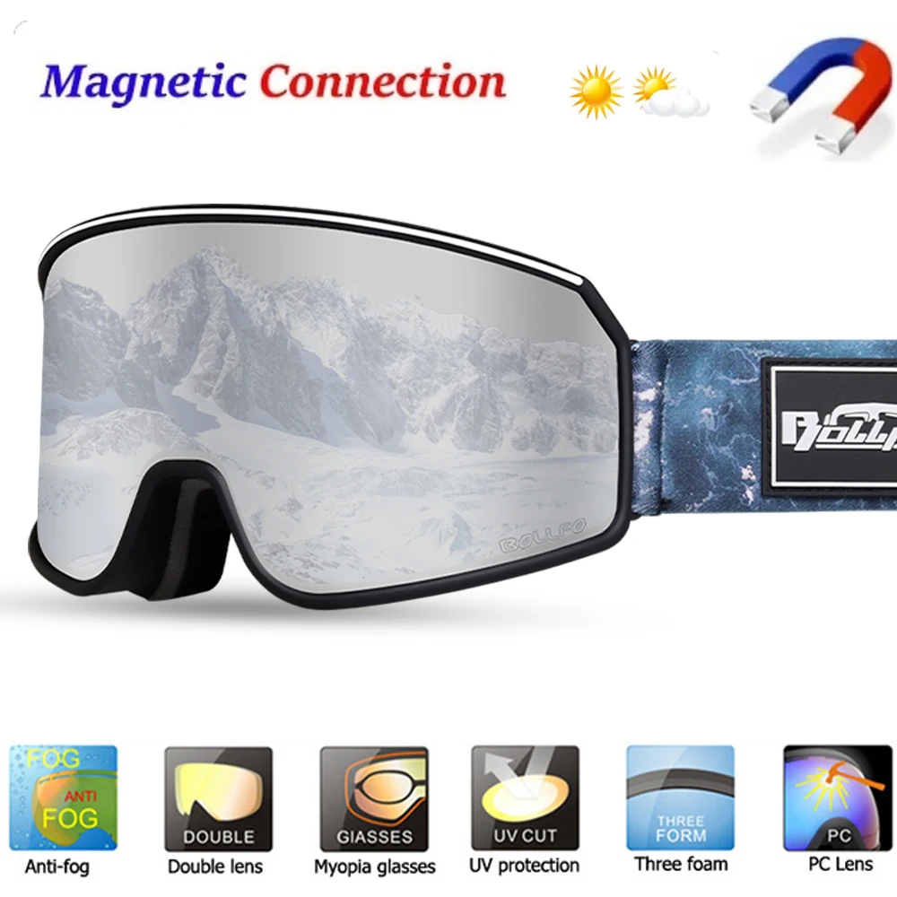 

BOLLFO Ski Goggles Magnetic Lens Frameless UV Protection Anti fog Snow Snowboard Goggles for Men Women Adult Youth Skiing Glass