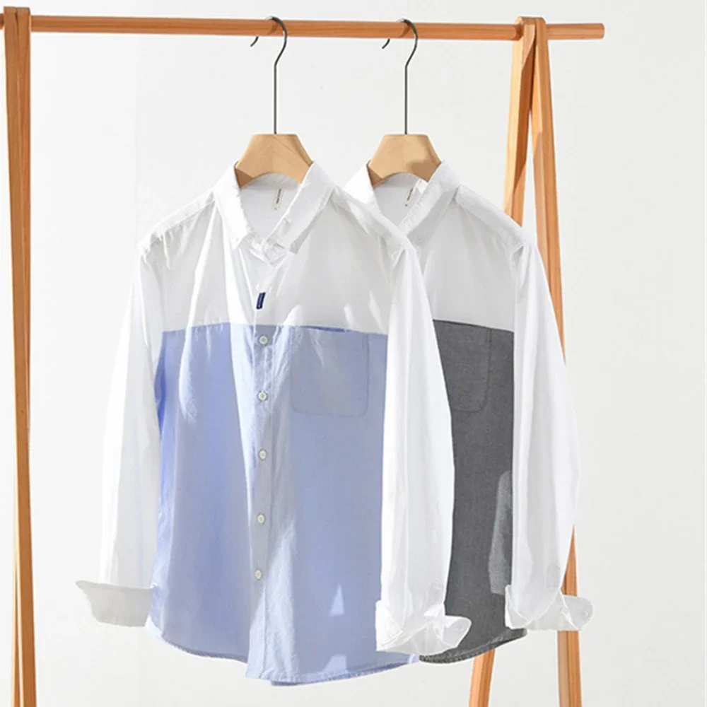 Camicia da uomo autunno splicing a maniche lunghe in cotone stile giapponese Camicie Oxford da uomo Top casual Abbigliamento da uomo primaverile 7366 # 3