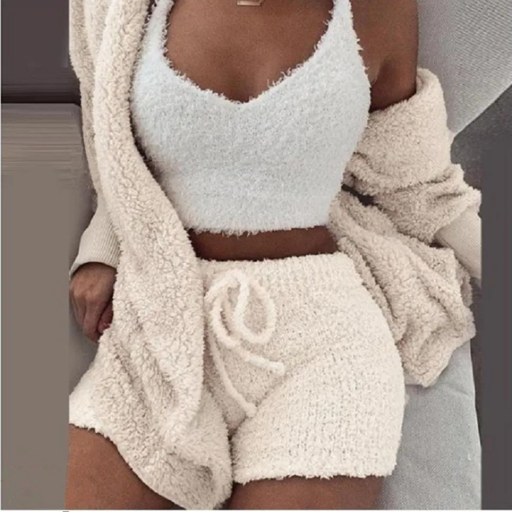 Women'S Pajamas Sets Autumn Winter Fluffy Sleepwear Plush Robe Sets 3 Piece Shorts Set  Women Loungewear Hoodie Pijamas Sets