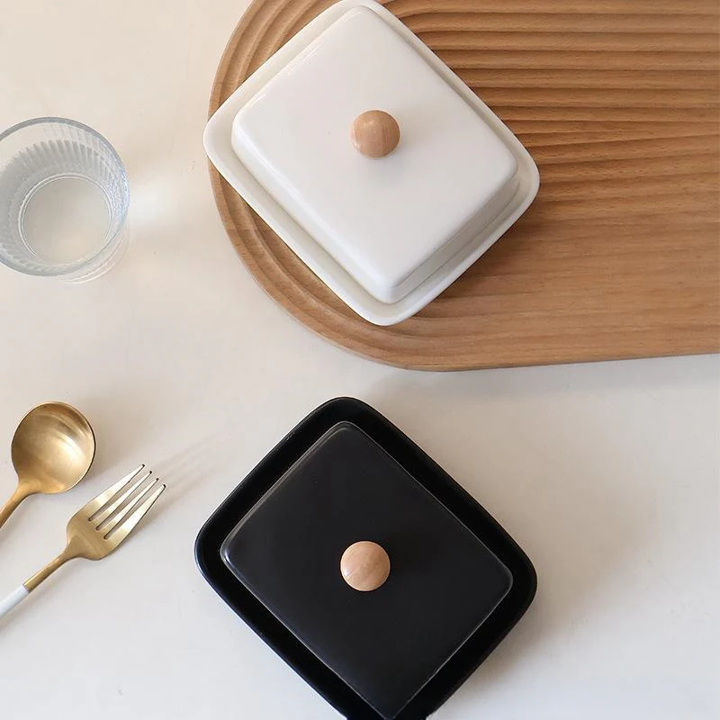 Porcelain Butter Holder For Countertop With Lid Ceramic Mantequillero Fridge Use Wide Butter Making Supplieswhite / black