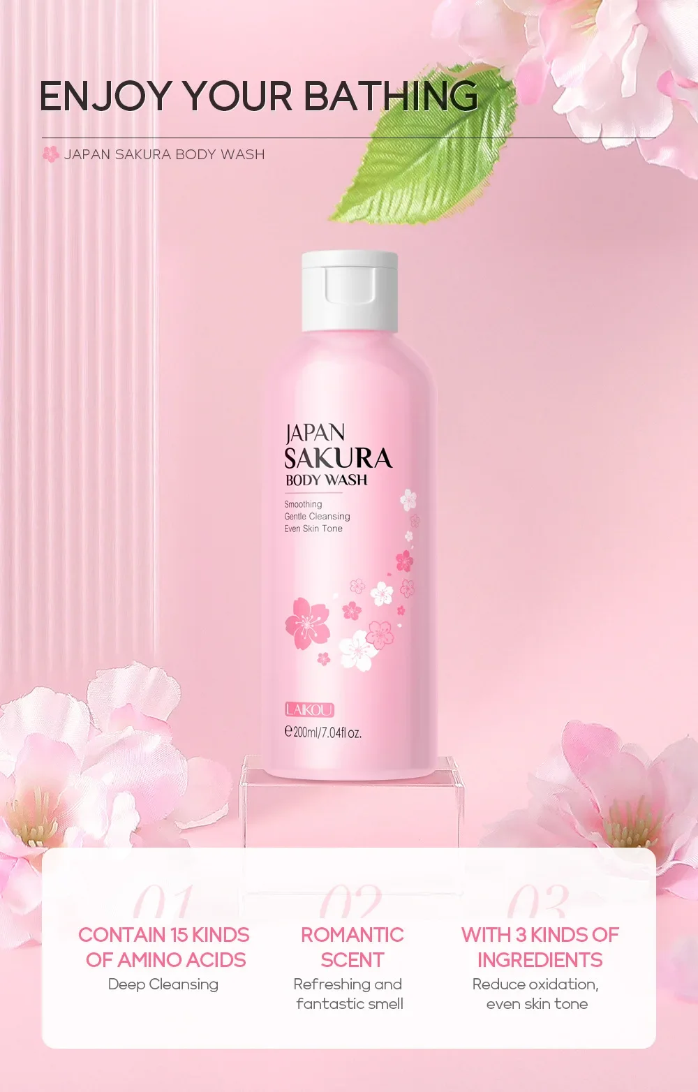 LAIKOU Sakura Shower Gel Long Moisturizing Smooth Long Lasting Fragrance Gentle Foam Body Cleansing Bath Product 200ml 5