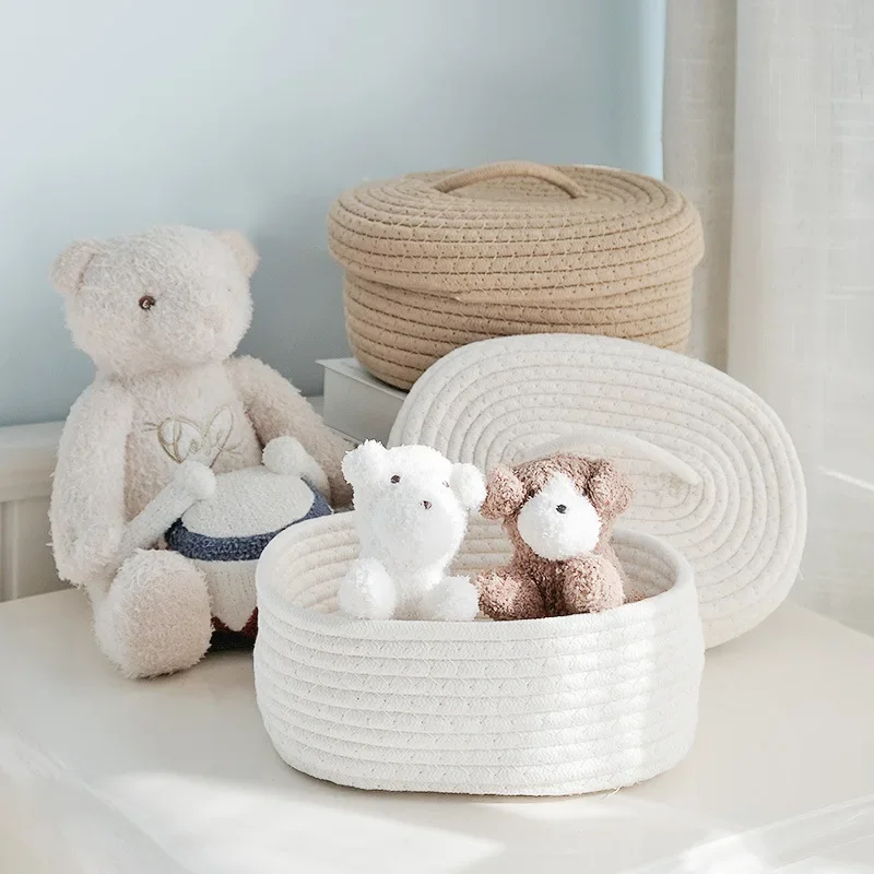 Cotton Knitting Storage Box Solid Color Oval Desktop Finishing Box with Lid Cosmetic Storage Basket Rattan Desk drawer organizer 2