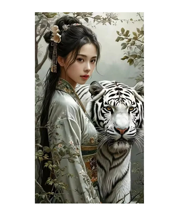 5D Diy Diamant Malerei Kits Retro Schöne Mädchen Weiß Tiger Landschaft Voll Platz Runde Bohrer Diamant Mosaik Hause Dekoration – Detail 9