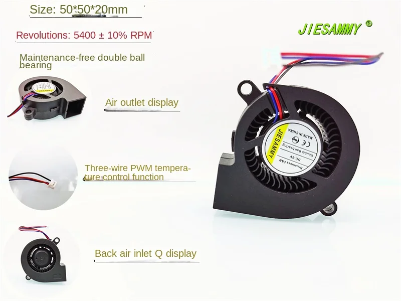 JIESAMMY double ball bearing 5020 turbo blower PWM temperature control three-wire 5V 0.21A 5CM fan 50*50*20MM