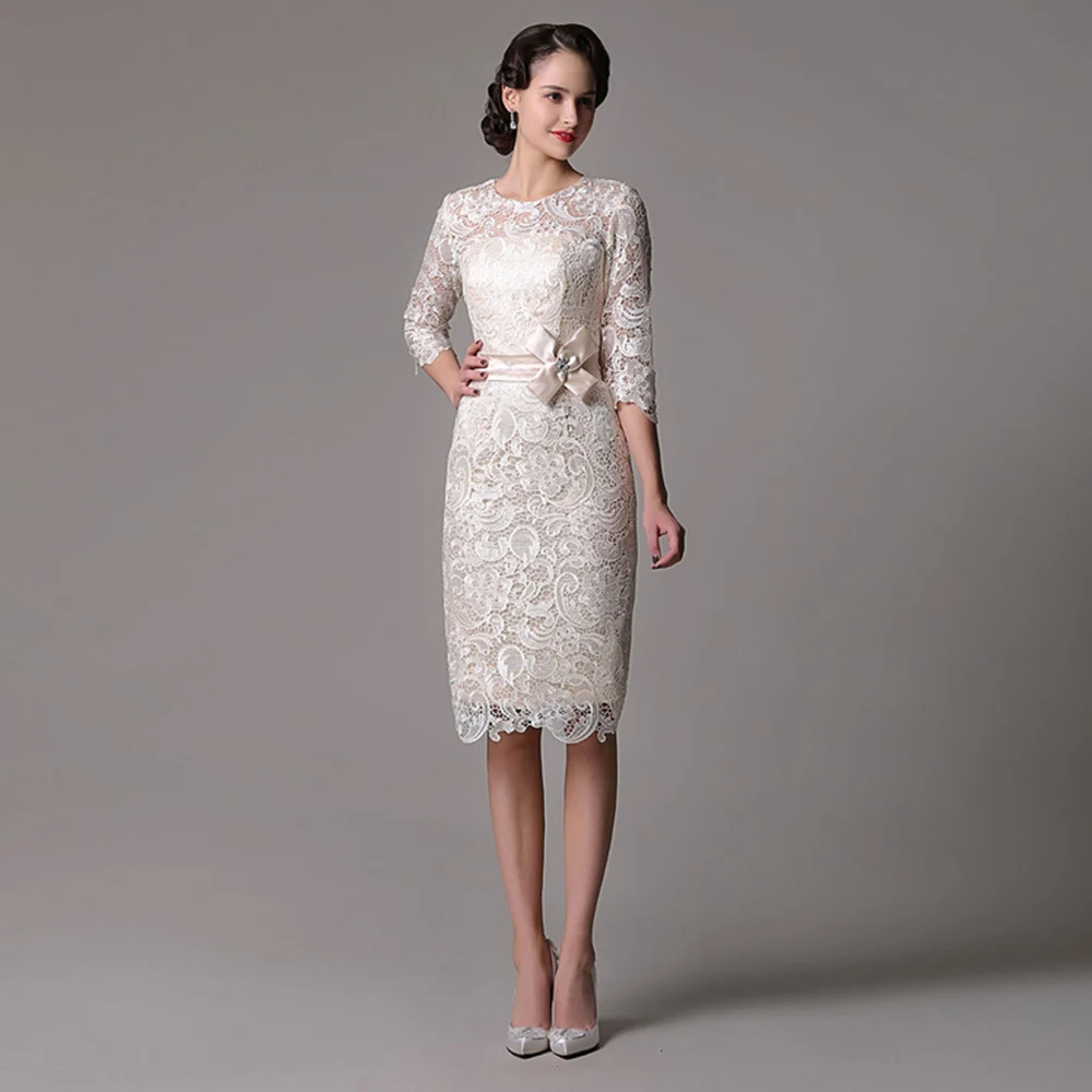

Short Mother Of The Bride/Groom Dresses 3/4 Sleeves Knee-Length Formal Wedding Prom guest Gowns Simple Lace Mom's Dress