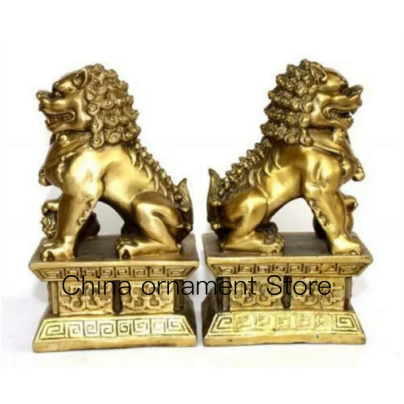 Statua In Ottone Leone Arcaico Fu Foo Dog Fengshui Door Guard Lions Statue Pair