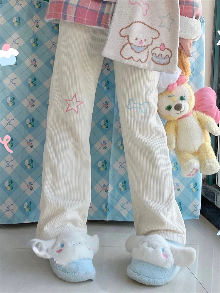 

Deeptown Harajuku Kawaii White Corduroy Pants Women Japanese Style Sweet Cute Wide Leg Trousers Embroidery Girly Fleece Pantalon