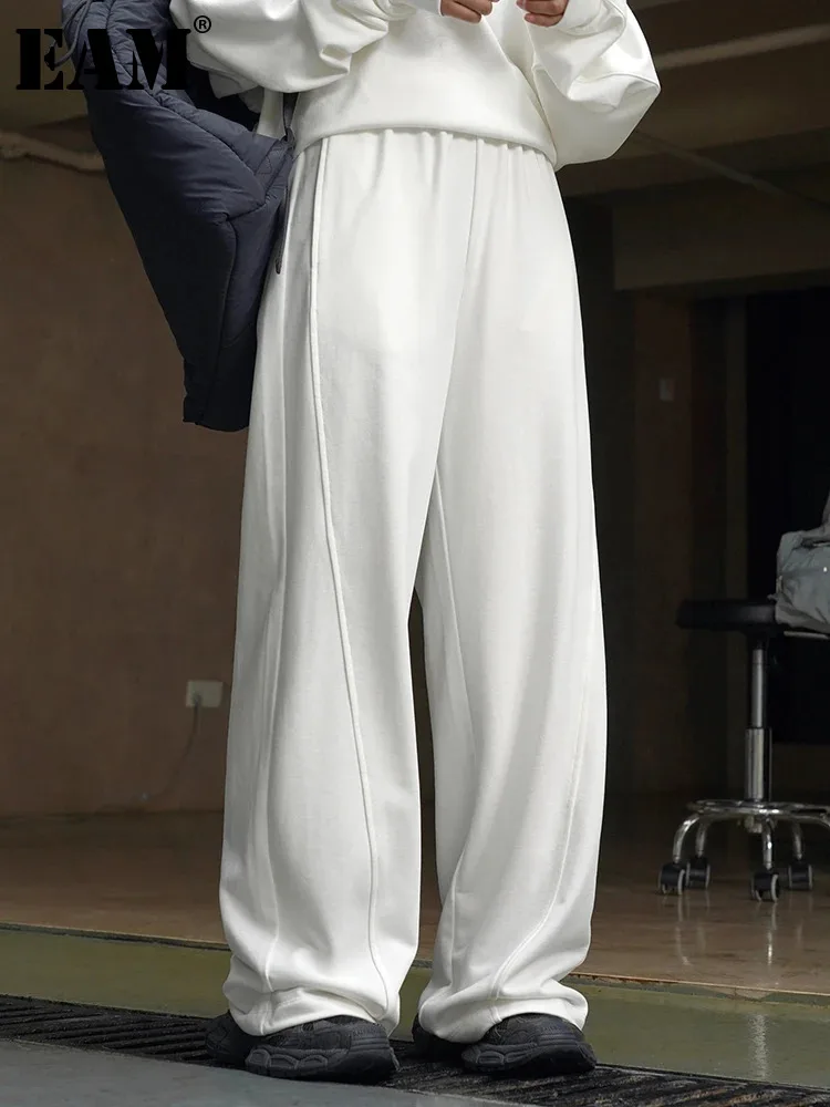 

[EAM] High Elastic Waist Black White Brief Casual Long Wide Leg Pants New Trousers Women Fashion Tide Spring Autumn 2024 1DH4970