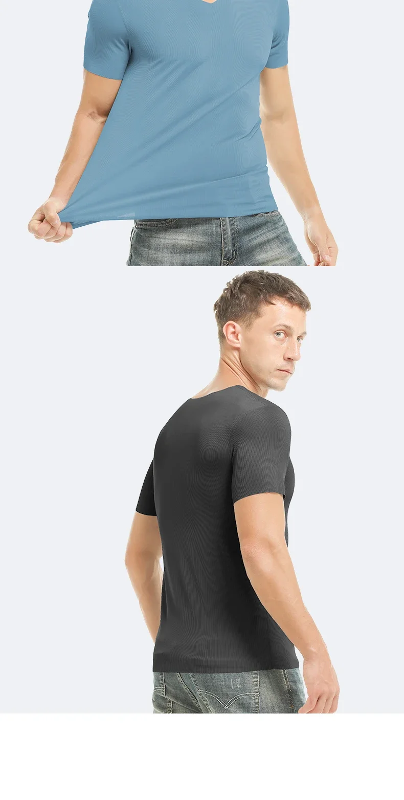 Summer ice silk men's short-sleeved solid-color T-shirt, V-neck sleeveless top, base layer shirt, fitted underwear