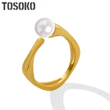 

TOSOKO Stainless Steel Jewelry Geometric Pearl Inlaid Opening Adjustable Ring Women's 18K Gold Plated Fashion Ring BSA333